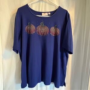 Quacker Factory‎ Knit Top Size 2X Blue Rhinestones Pumpkins Fall Cotton Blend